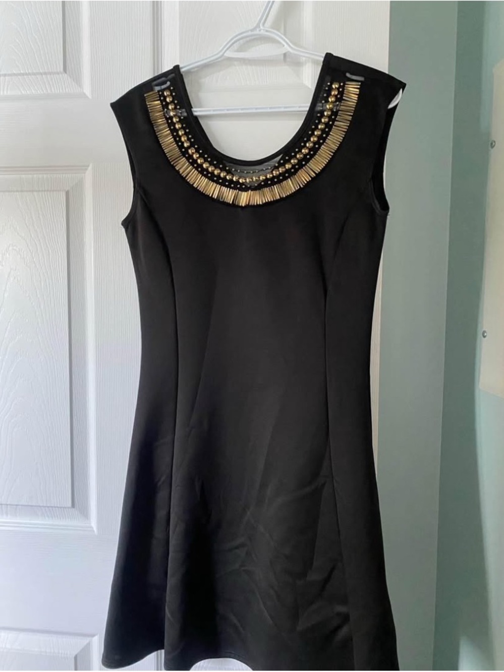 Black Sleeveless Dress with Gold Beaded Neckline Medium